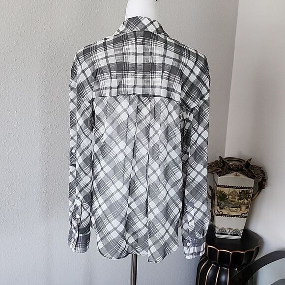Free People Easy Rider Plaid Sheer Button Down Shirt, Gray and White - Picture 3 of 15